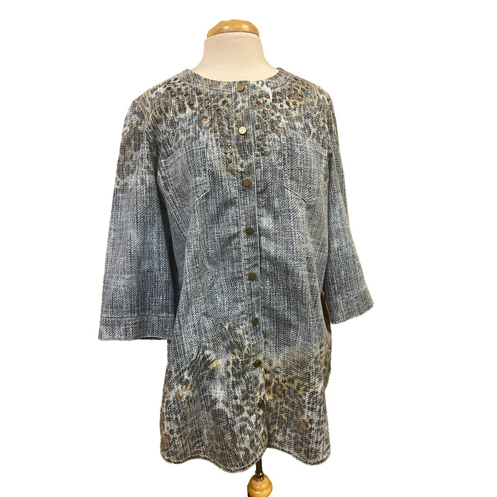 Chico's SZ 2blue Faux Tweed Tunic Top Studded Round Neck‎ 3/4 Sleeves Animal Hem